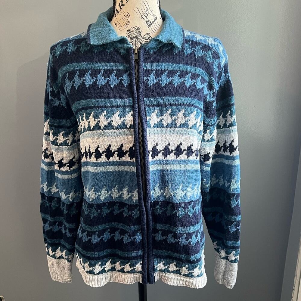 Vintage Erika & Co blue white and black striped patterned collared zip up jacket